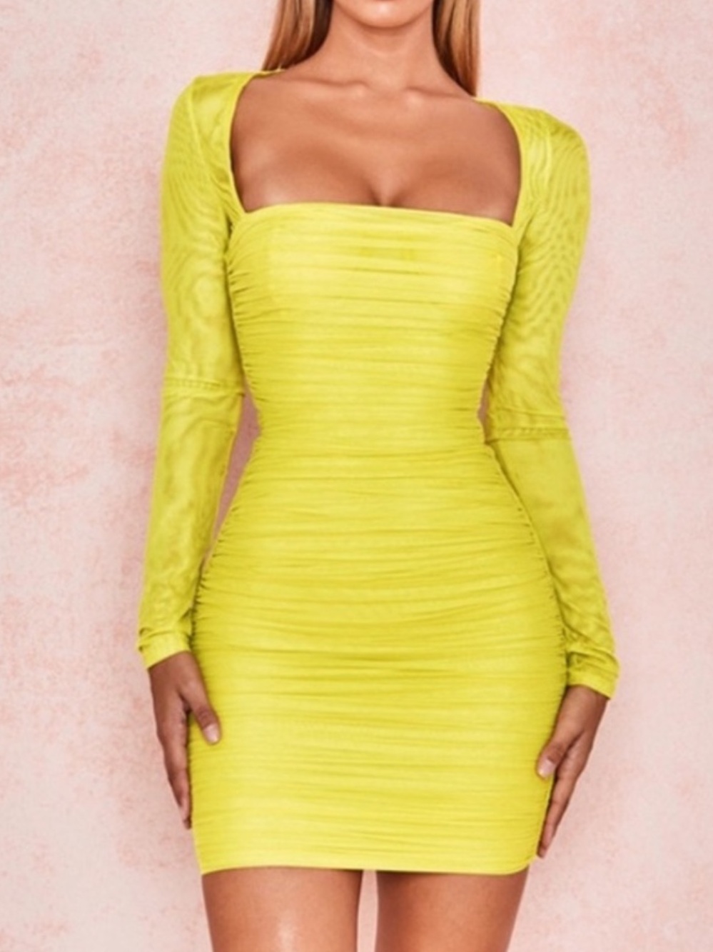 House Of CB Small Valentina Yellow Mesh Ruched Mini Long Sleeve Dress
